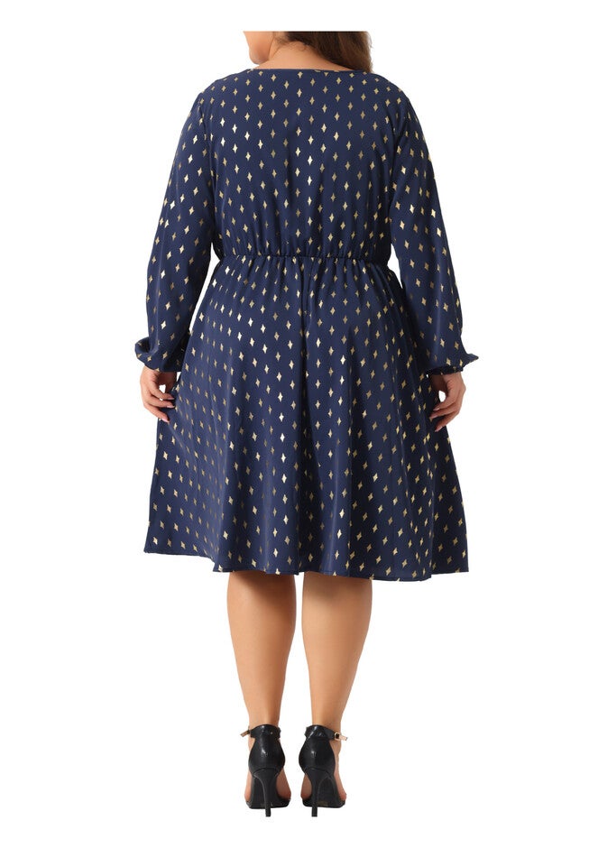 V Neck Long Sleeve with Pocket Gilding Metallic Dress, Dark Blue / Navy, alternate image number 3