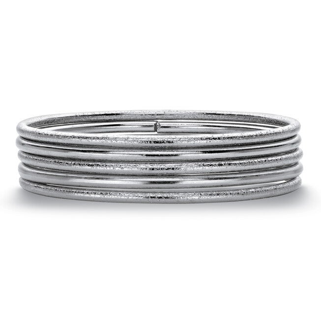 Textured and Polished 5-Piece Bangle Bracelet Set in Silvertone 9 inches, White / White, alternate image number 3
