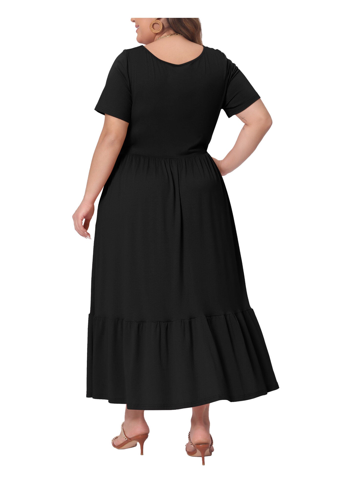 Short Sleeve Crew Neck Swing Flowy Summer Maxi Dress, Black / Black, alternate image number 3