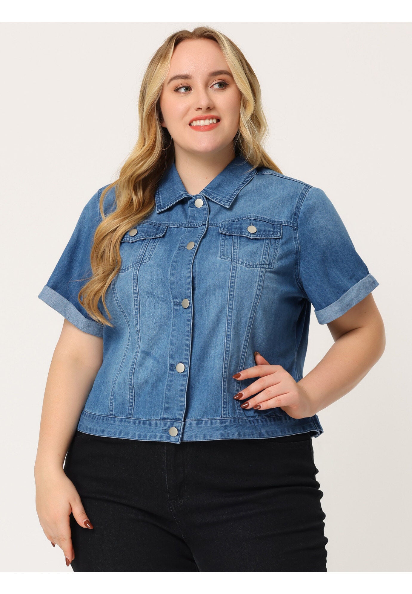 BUTTON FRONT CROP JEAN SHORT SLEEVE DENIM JACKET, Sky Blue / Light Blue, alternate image number 2