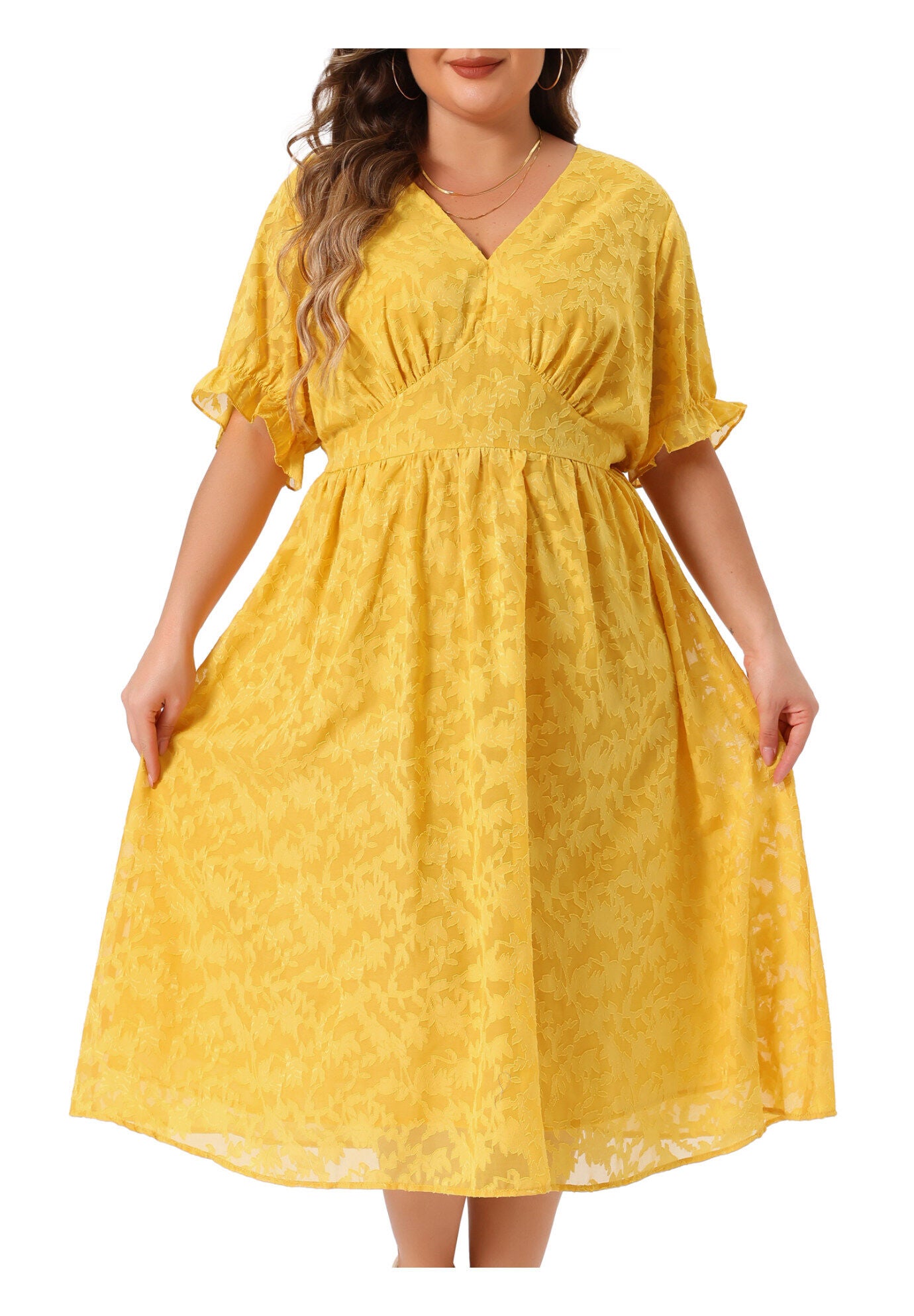 LACE FLORAL RUFFLE SHORT SLEEVE V NECK MIDI DRESS, Yellow / Yellow, alternate image number 2