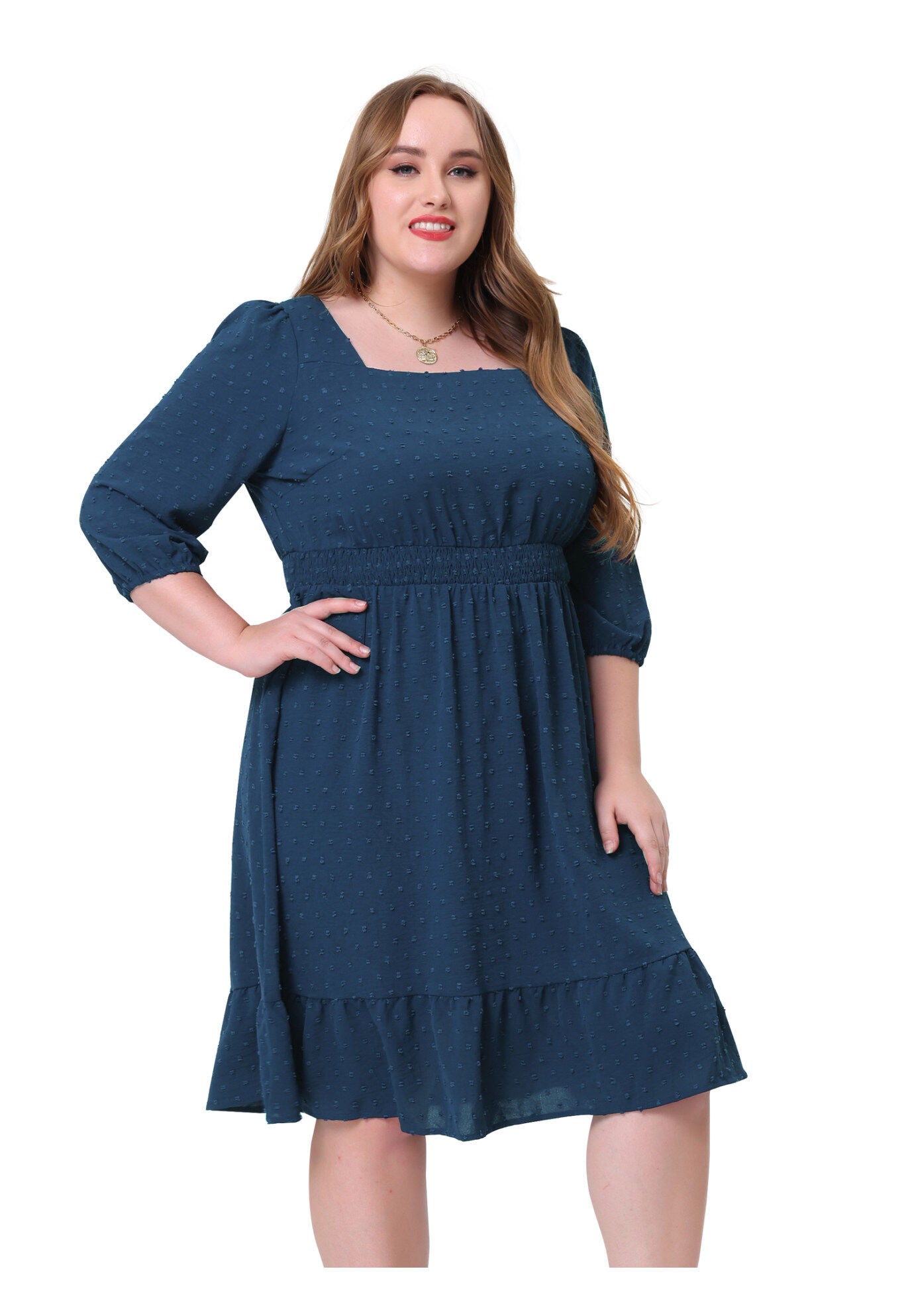 Swiss Dots Bohemian Square Neck Midi Chiffon Dress, Blue / Navy, hi-res image number 0