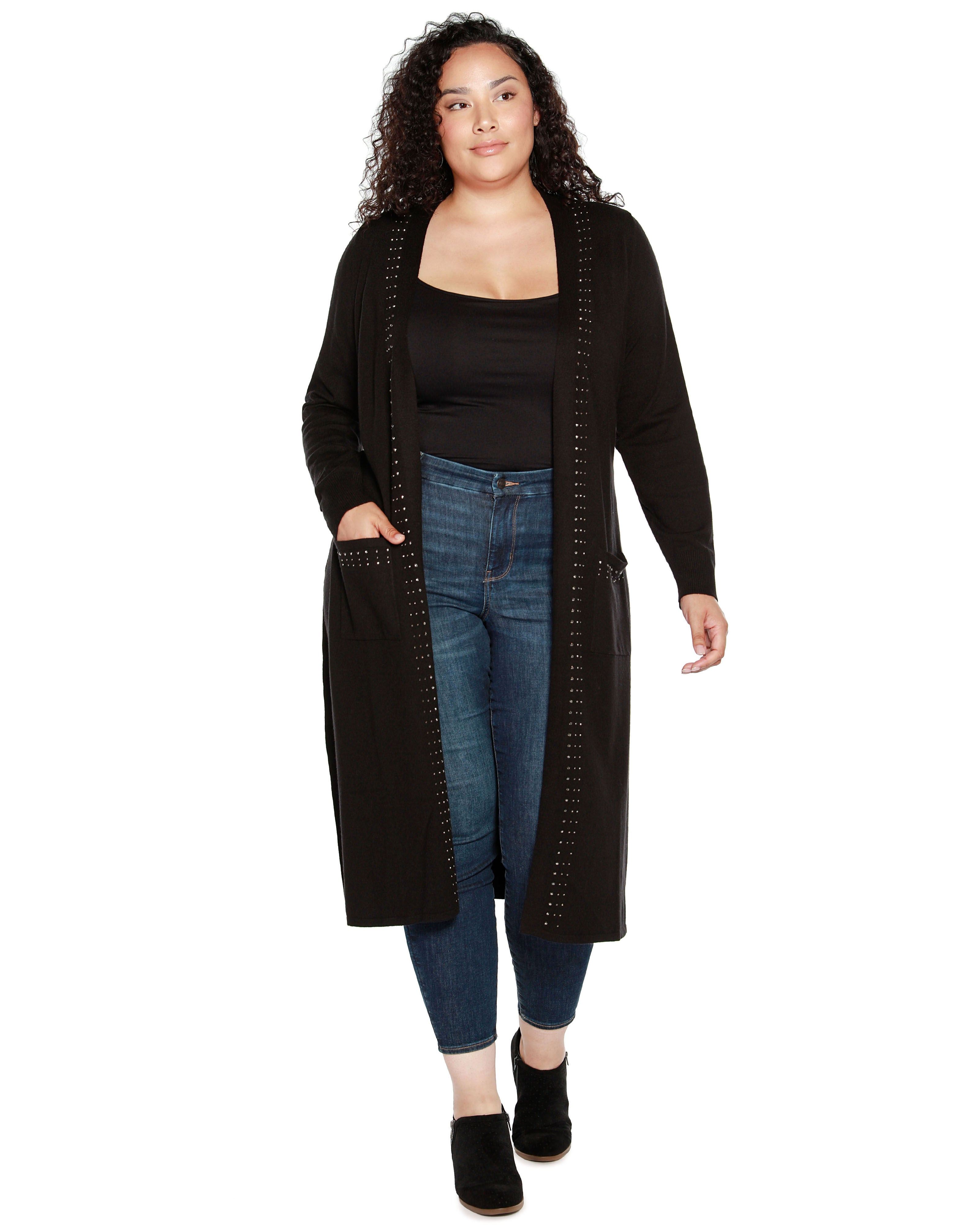 RHINESTONE-TRIM BELTED DUSTER CARDIGAN, Black / Black, alternate image number 4