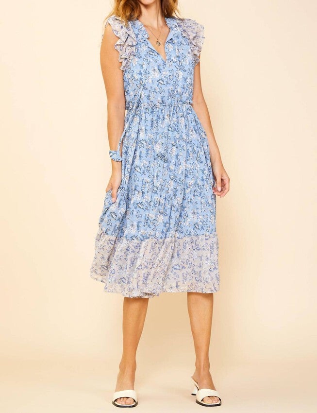 FLORAL MIDI DRESS IN DUSTY BLUE, Dusty Blue / Dusty Blue, hi-res image number null