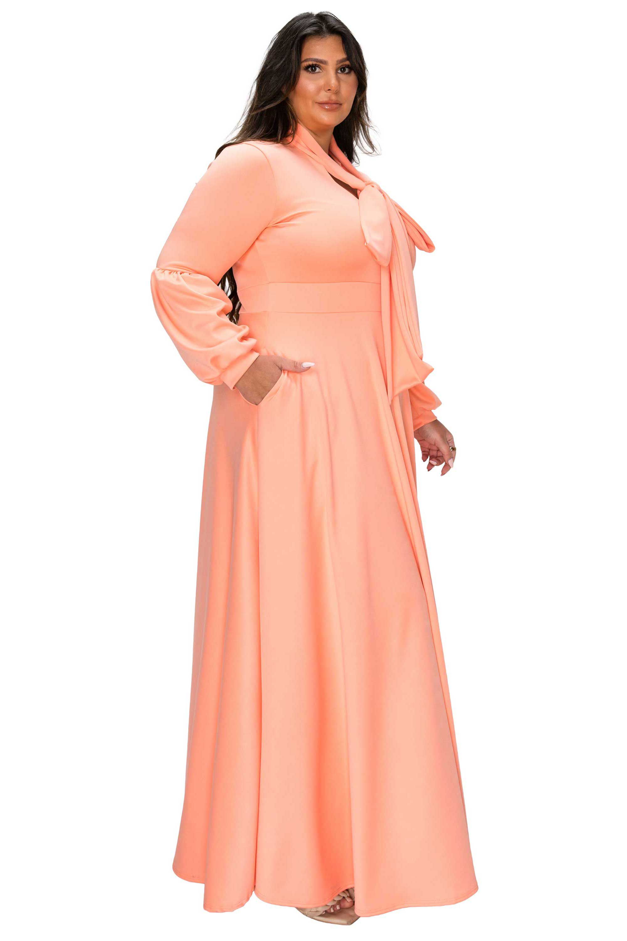 Bella Donna Dress with Ribbon and Bishop Sleeves, Peach / Peach, alternate image number 1