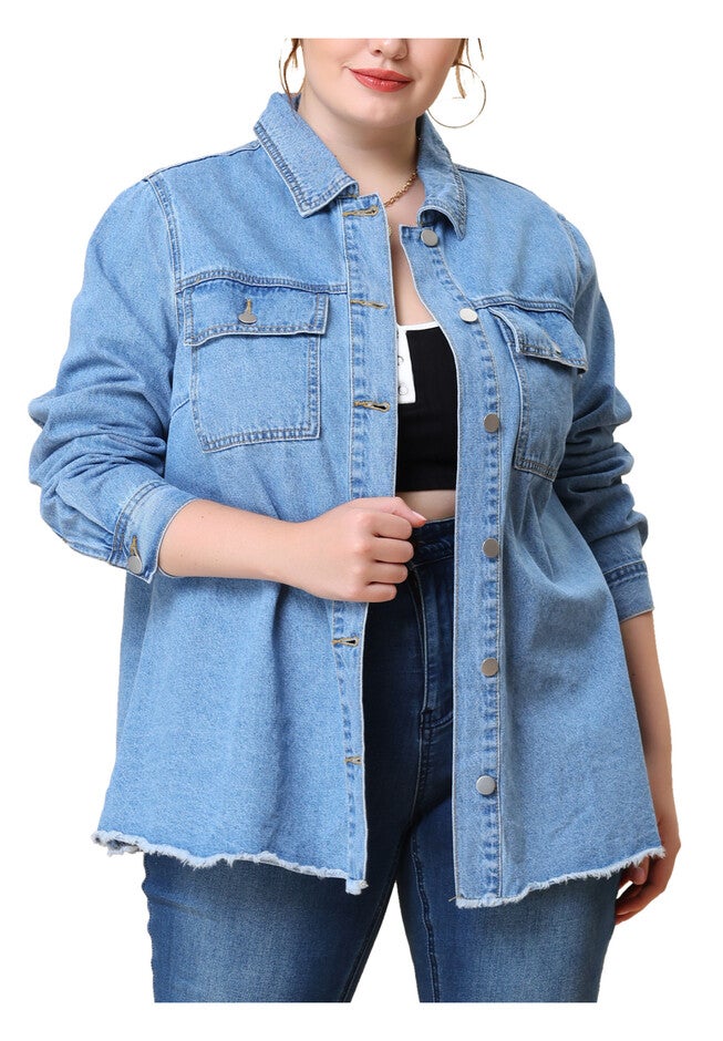 WASHED FRAYED HEM JEAN DENIM SHIRT JACKET, Light Blue / Light Blue, alternate image number null
