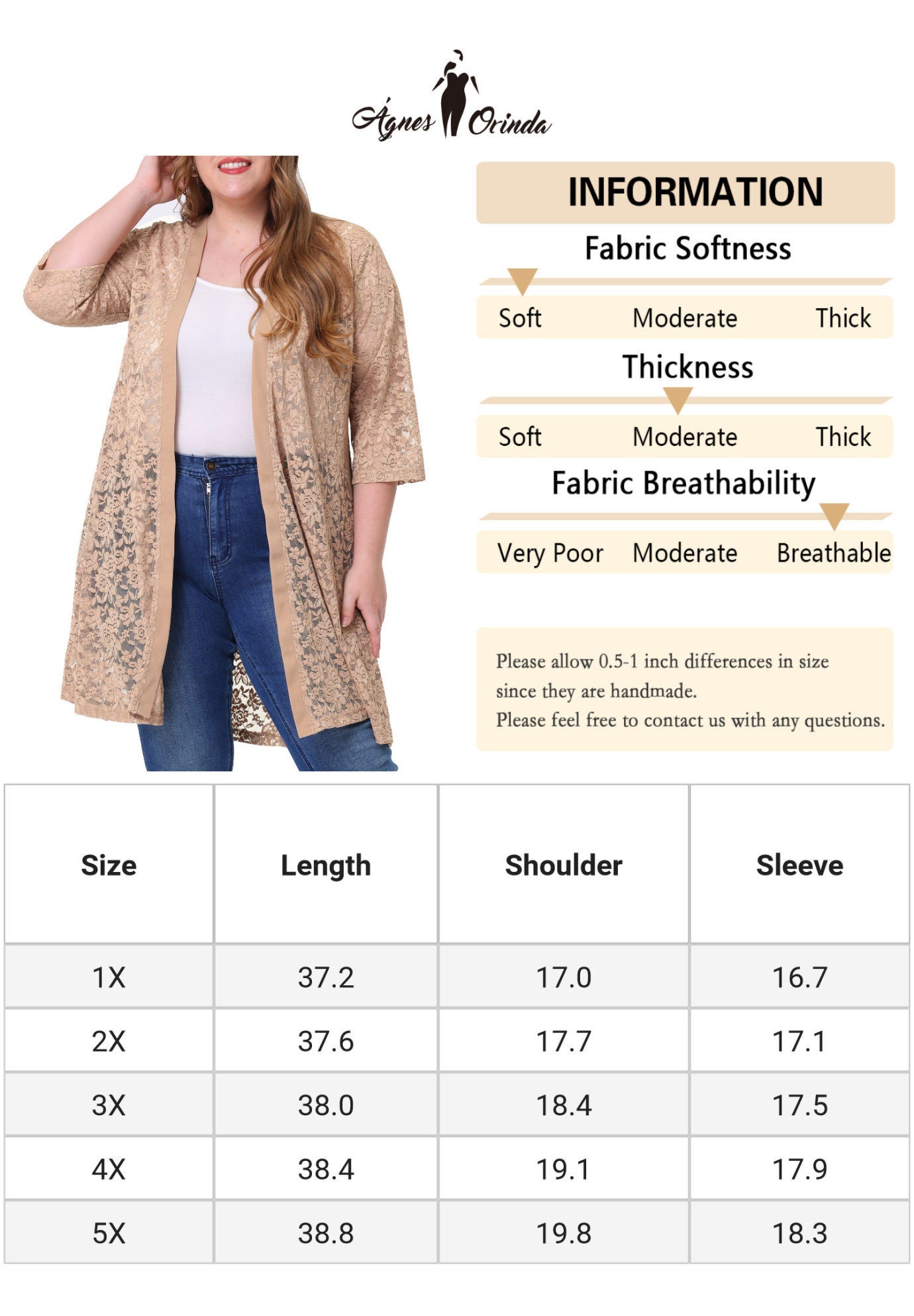 LACE CROCHET 3/4 SLEEVE COVER UP CARDIGAN, Khaki / Beige, alternate image number 2