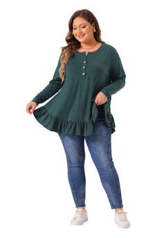 Button Henley V Neck Ruffled Hem Swing Flowy Blouse Tunic