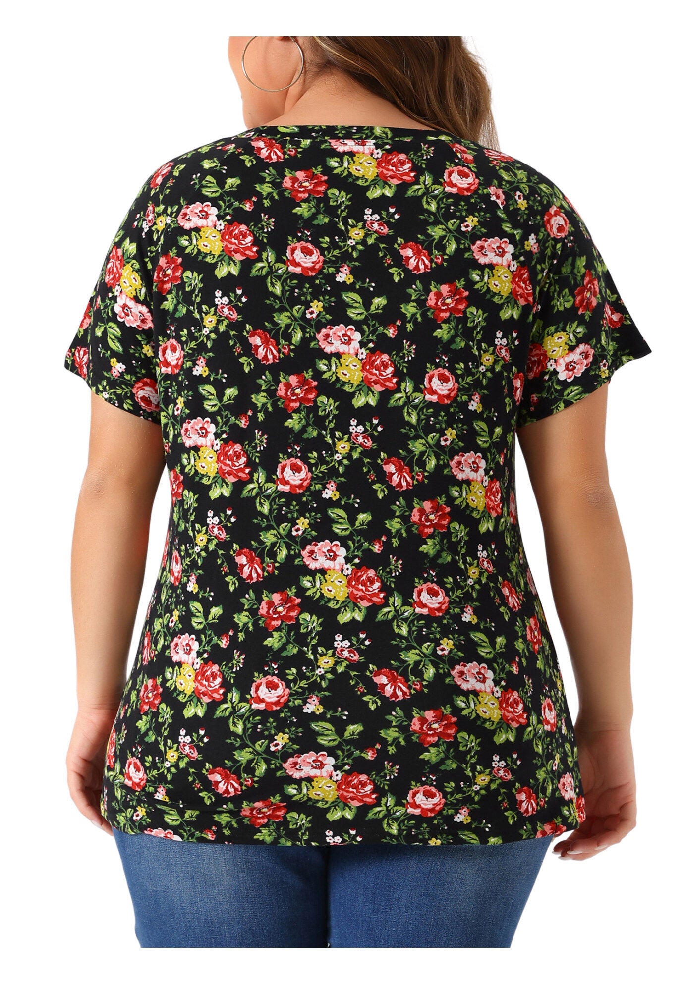 Floral Blouse Short Sleeves Loose Top, Black / Black, alternate image number 3
