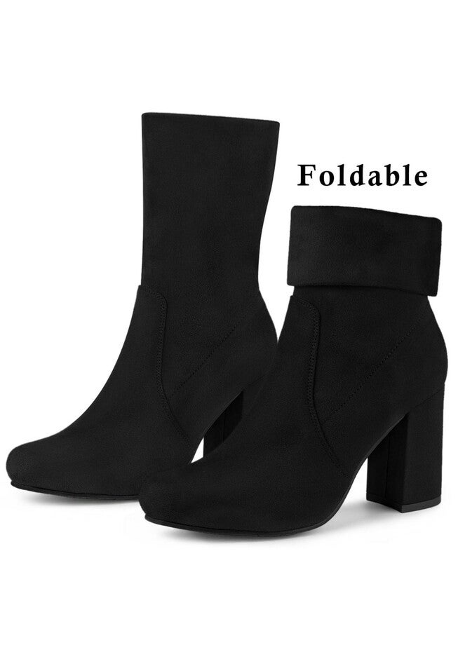 BLOCK HEEL FOLDABLE STRETCH ANKLE BOOTS, Black / Black, alternate image number 1