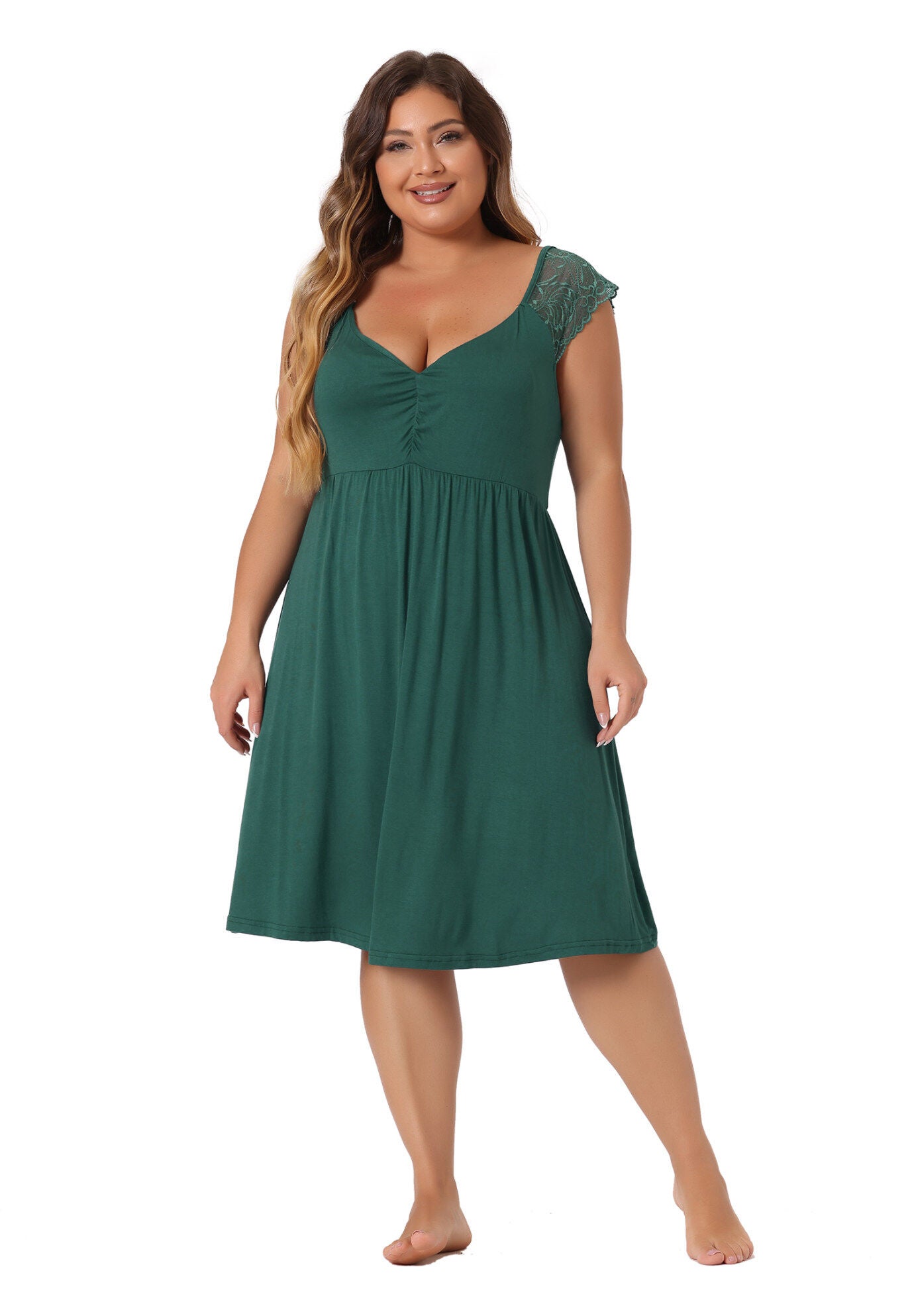 V NECK LACE CAP SLEEVE SLEEP DRESS, Dark Green / Forest Green, hi-res image number 0