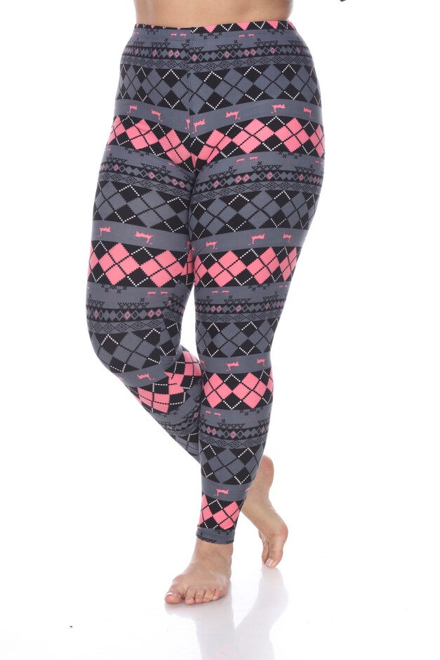 Two-Tone Printed Leggings, Grey Pink Argyle / Charcoal Grey, alternate image number null