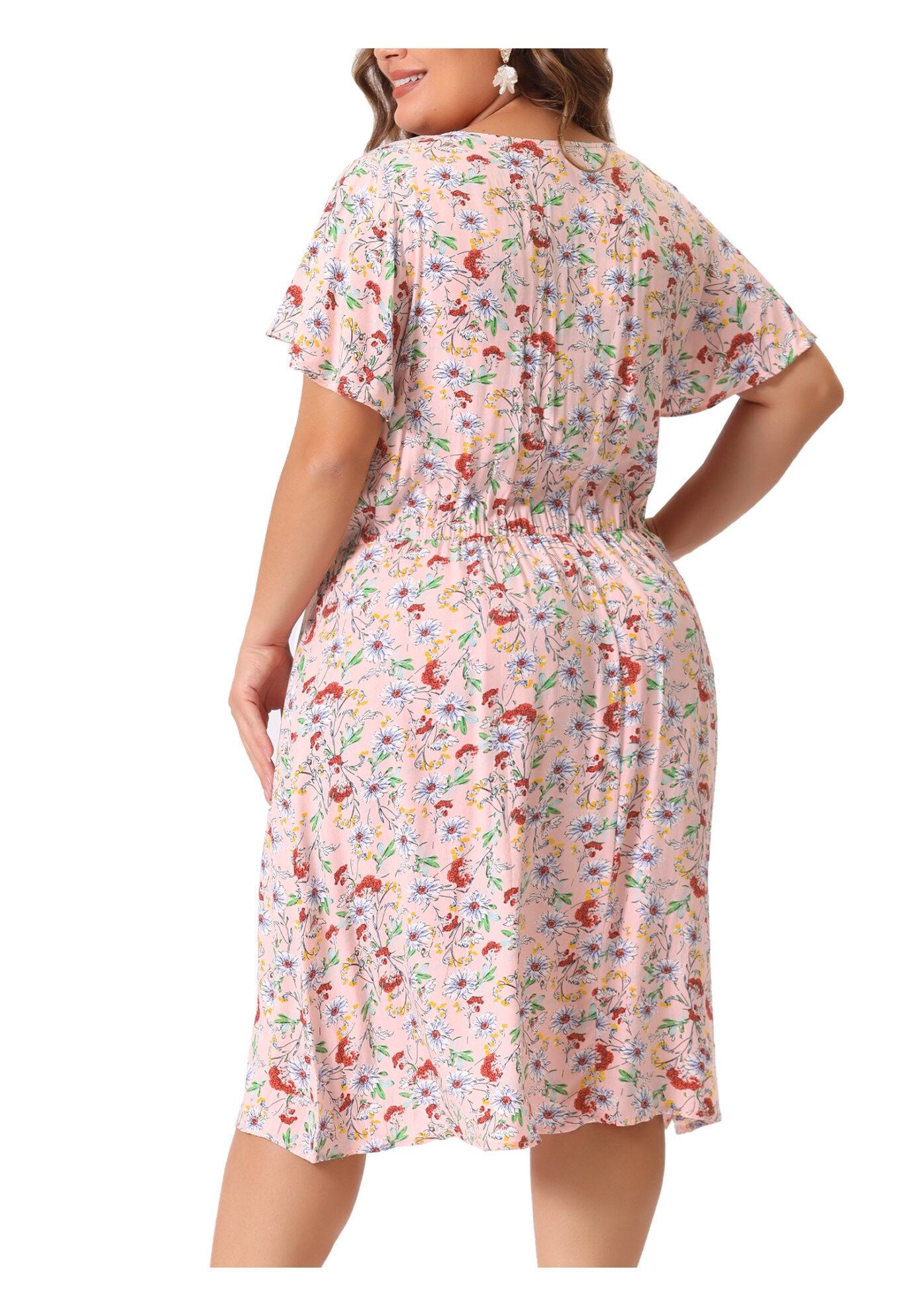 Summer V Neck Flare Sleeve Peplum Midi Ruffle Dress, Light Pink / Pink, alternate image number 3