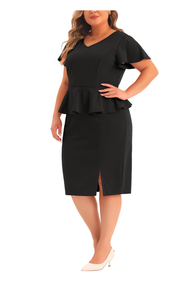 Ruffle Short Sleeve Pencil Retro Peplum Dress, Black / Red, alternate image number 1