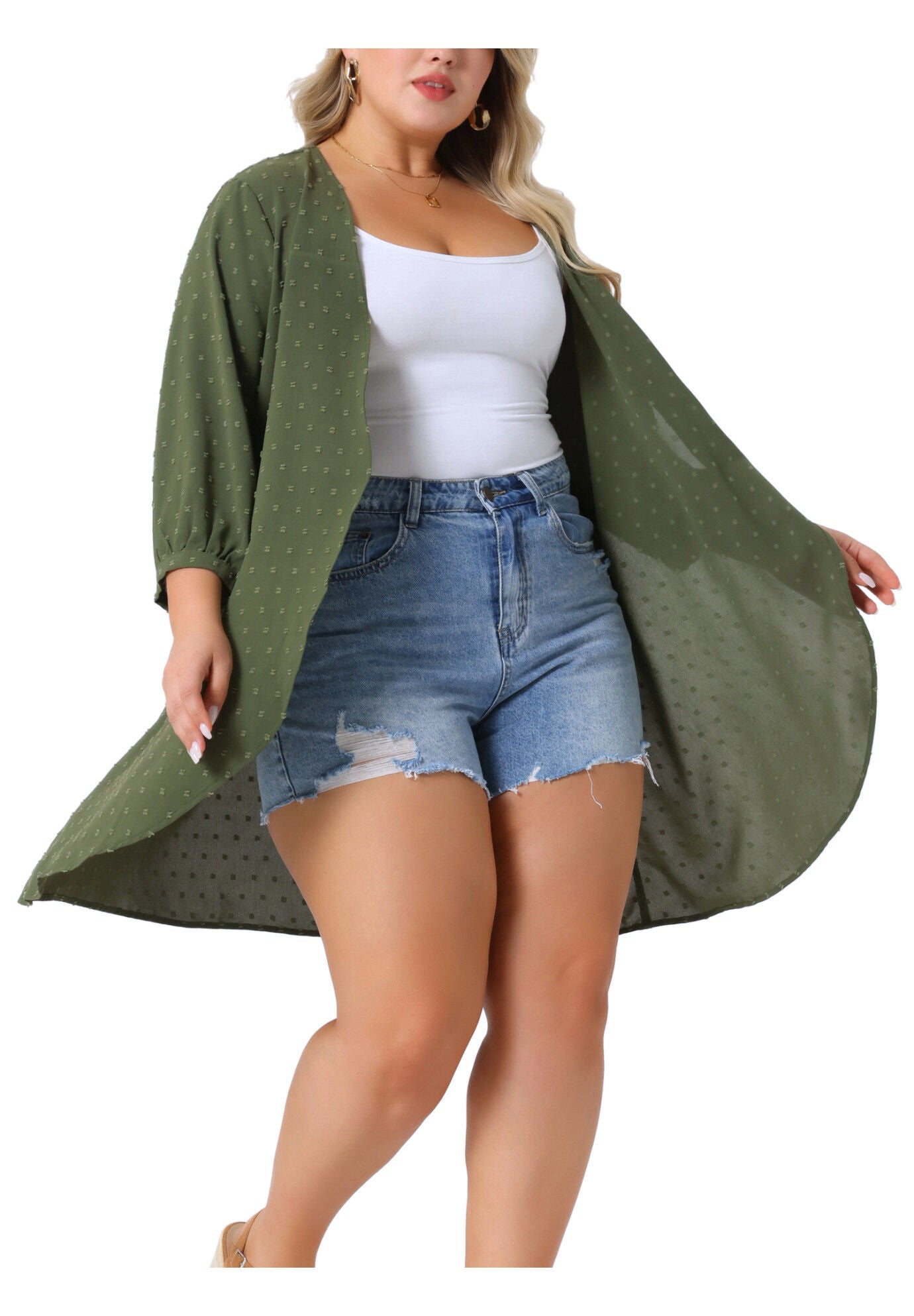 OPEN FRONT 3/4 SLEEVE SWISS DOTS LIGHTWEIGHT COVER UP CARDIGAN, Army Green / Olive Green, alternate image number 1