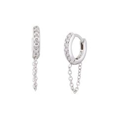 10mm Diamond And 14K White Gold Huggies With Chain Gold