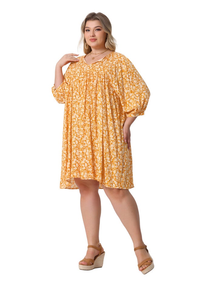 Summer Drawstring V Neck Babydoll Midi Flowy Sundress, Orange / Orange, hi-res image number 0