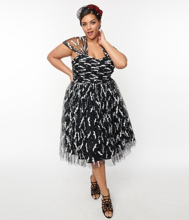 Unique Vintage Black Bats Garden State Swing Dress, Black / Black, hi-res image number 0
