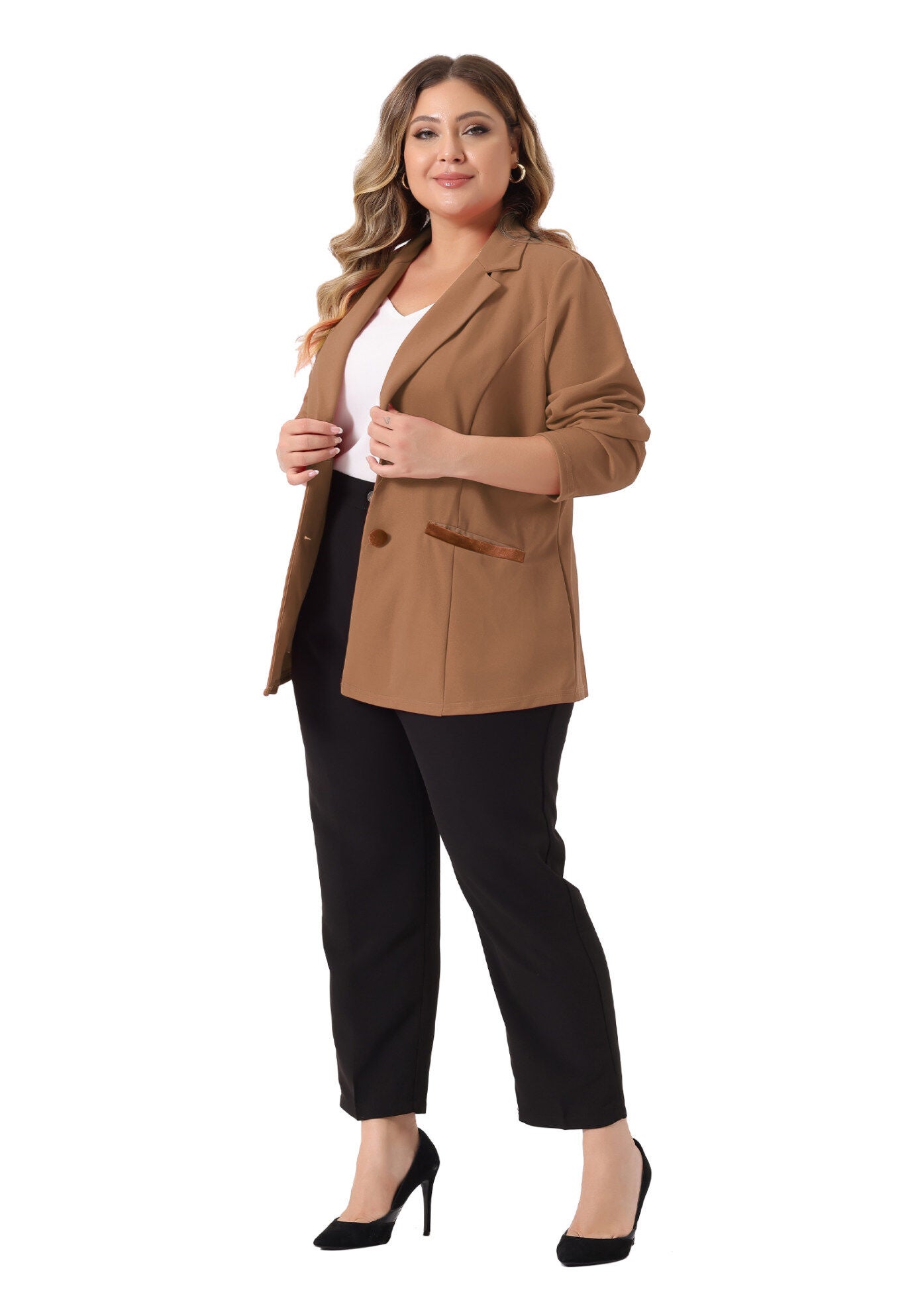NOTCHED LAPEL V NECK WORK SUIT BLAZER, Brown / Brown, hi-res image number 0