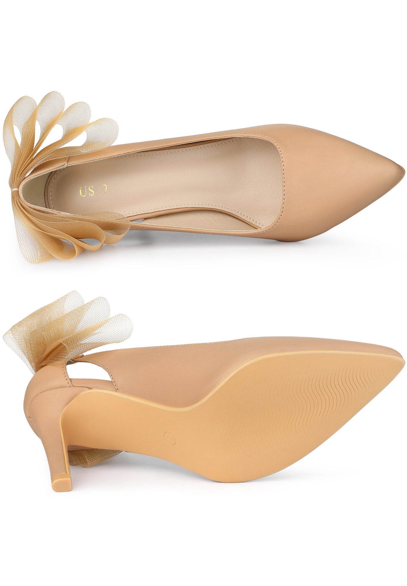 Mesh Bow Pointed Toe Stiletto Heels Pumps, Nude / Beige, alternate image number 3