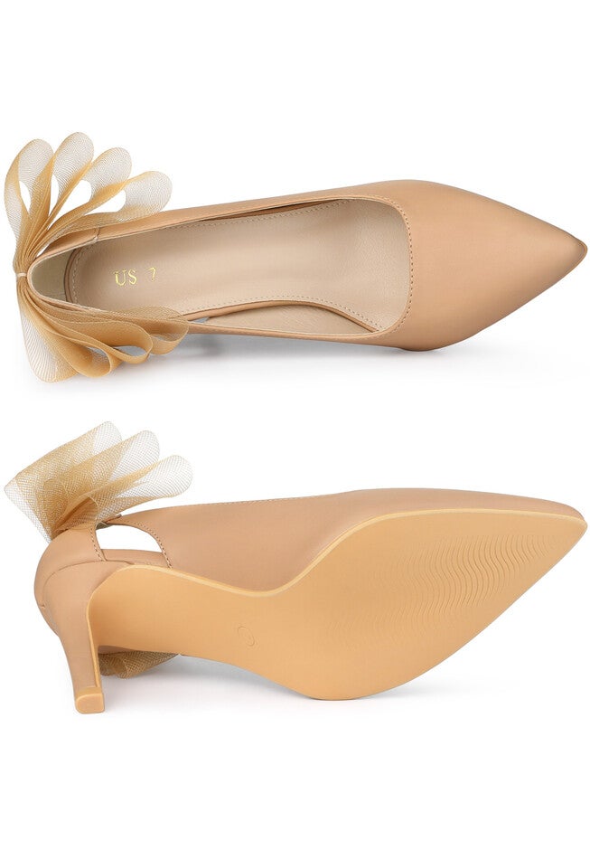 Mesh Bow Pointed Toe Stiletto Heels Pumps, Nude / Beige, alternate image number 3