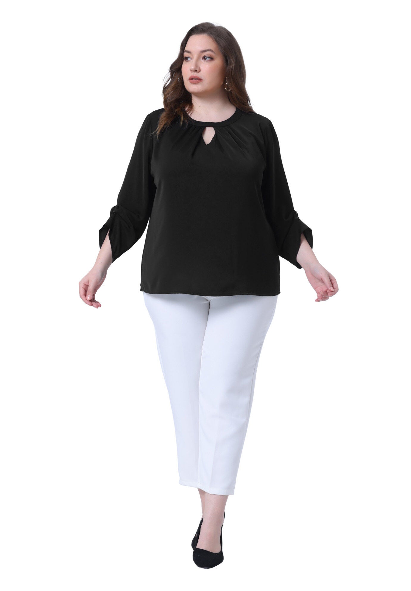 Crewneck Keyhole 3/4 Sleeve Pleated Blouse Shirt, Black / Black, hi-res image number 0
