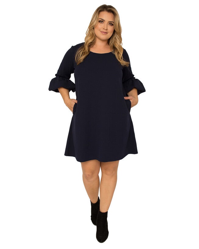 Plus Size Women's Crepe Knit 3/4 Balloon Sleeves Midi Shift Dress, Navy / Navy, hi-res image number 0