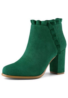 RUFFLE BLOCK HEEL ANKLE BOOTS