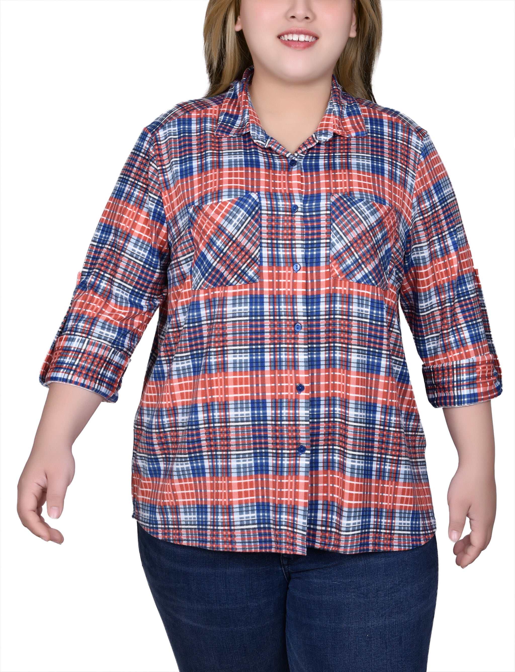 Long Sleeve Button Front Tunic Top, Rust Denim Plaid, hi-res image number 0