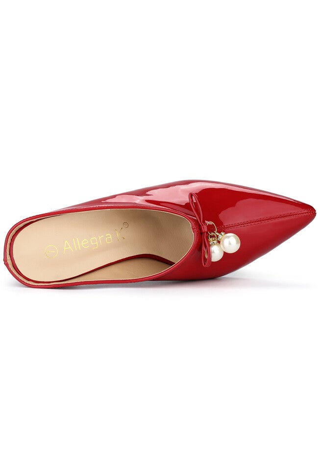Pointed Toe Pearl Bow Chunky Heel Slide Mules, Red / Red, alternate image number null