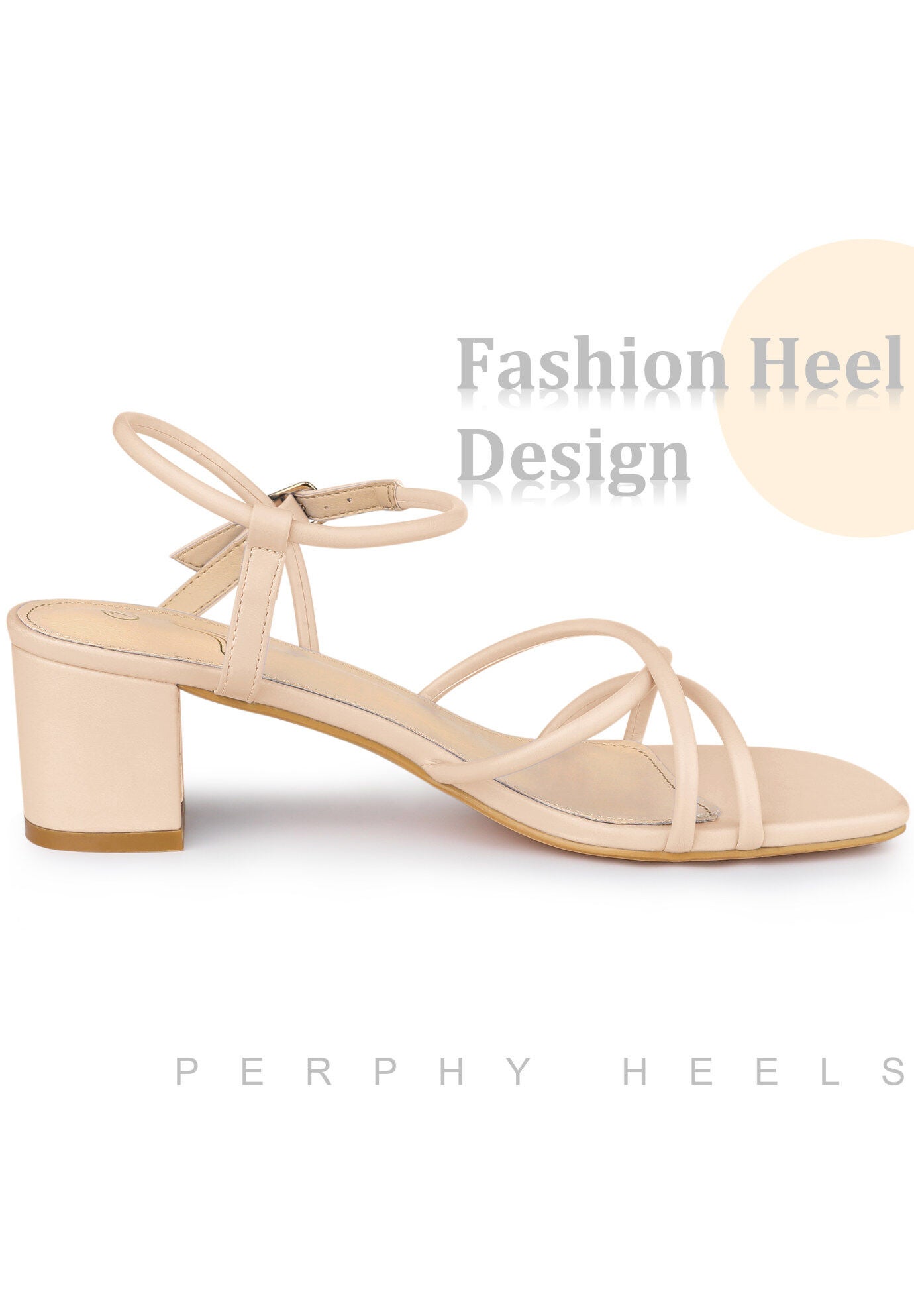 Strappy Heels Square Toe Slingback Chunky Heel Sandals, Beige / Beige, alternate image number 3