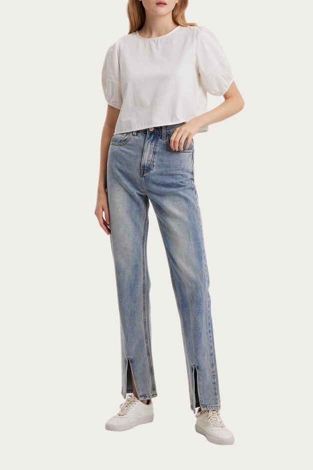 HIGH-RISE SPLIT HEM JEANS IN BLUE, , alternate image number null