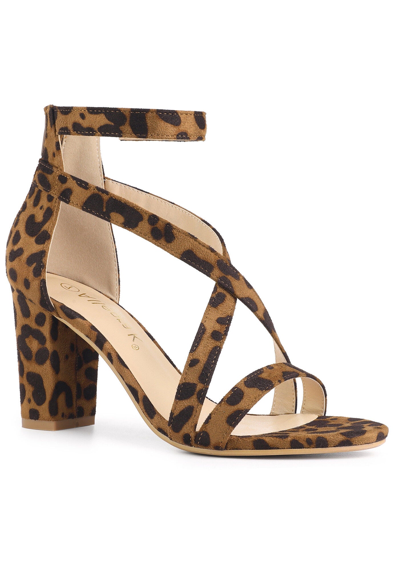 Crisscross Ankle Strap Chunky Heel Sandals, Leopard / Brown, hi-res image number 0