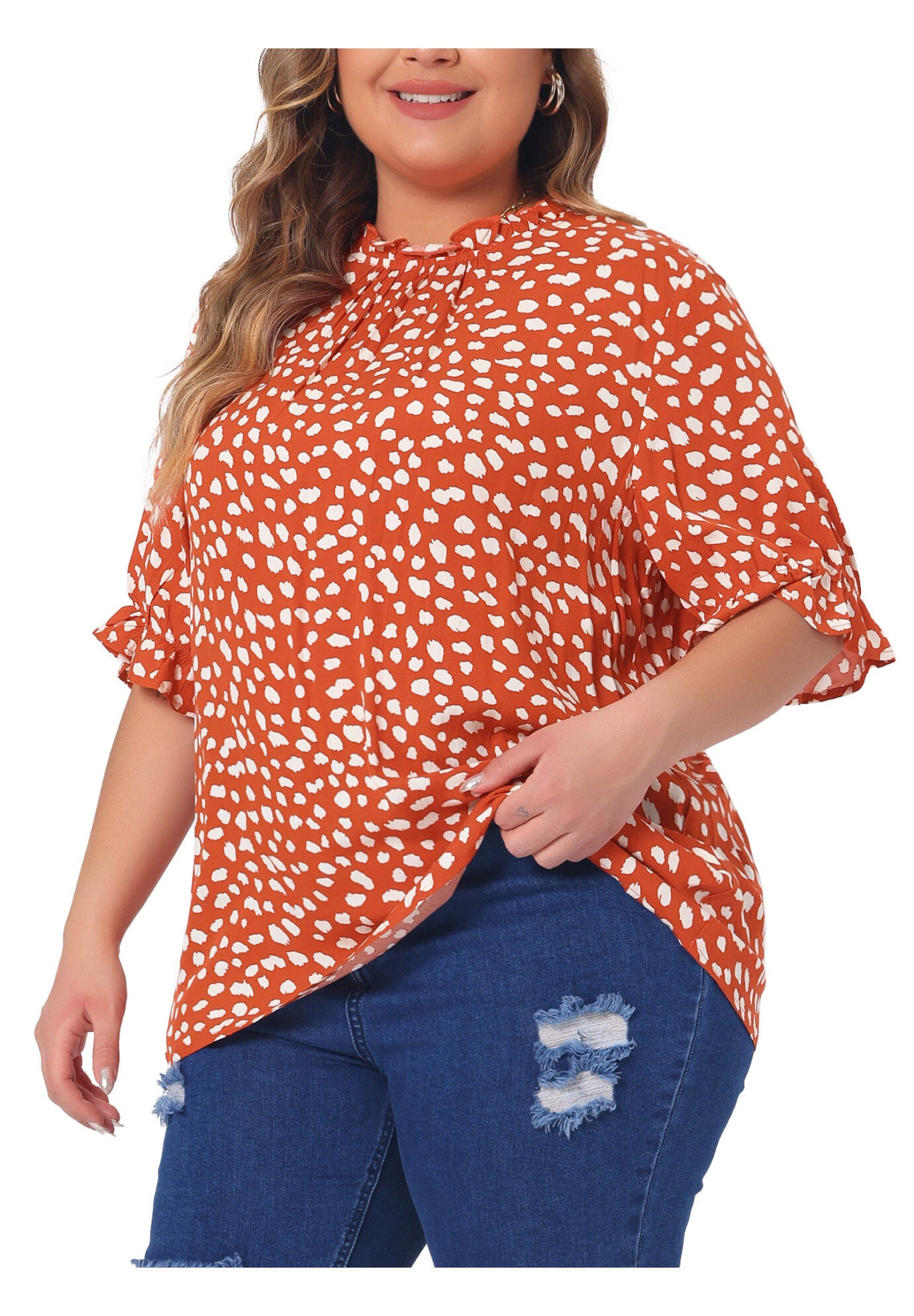 Polka Dots Printed Short Sleeve Ruffle Mock Neck Blouse, Orange / Orange, alternate image number 2