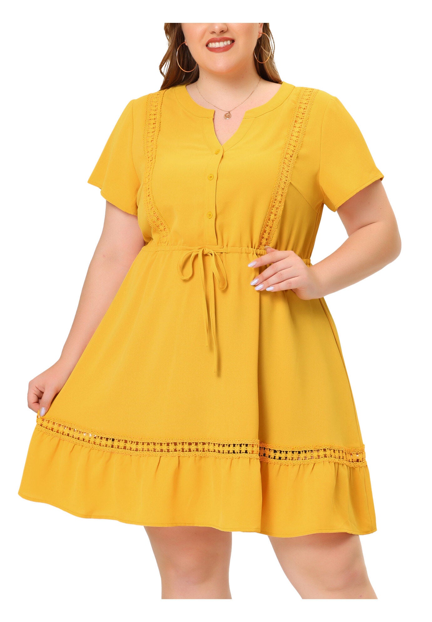 Button V Neck Summer Midi Ruffle A Line Swing Dress, Yellow / Yellow, alternate image number 1