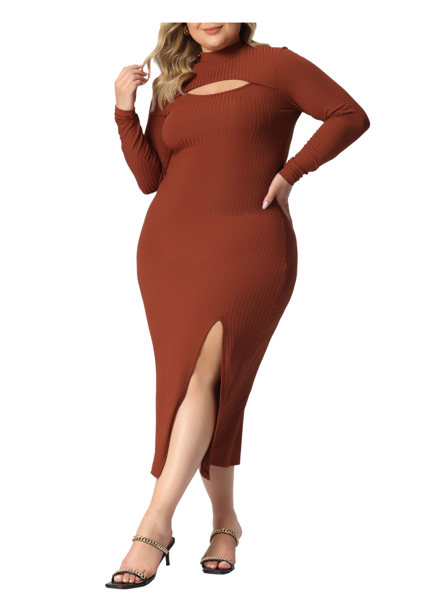 Round Neck Cut Out Front Knee Bodycon Dress, Caramel / Brown, alternate image number 1