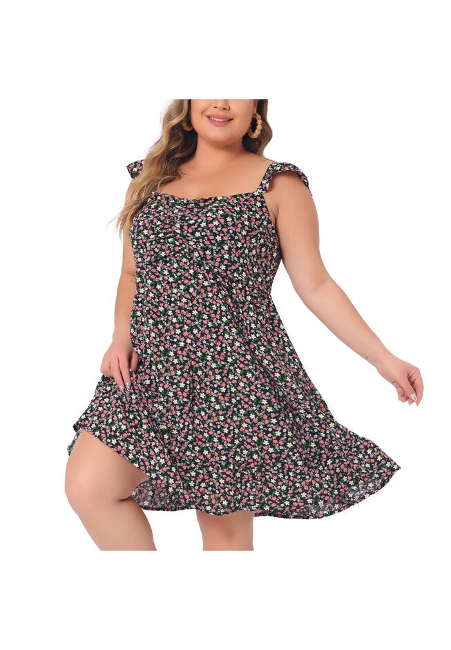 Sweetheart Neck Ruffle Sleeveless Backless Summer Floral Dress, Black / Black, alternate image number null