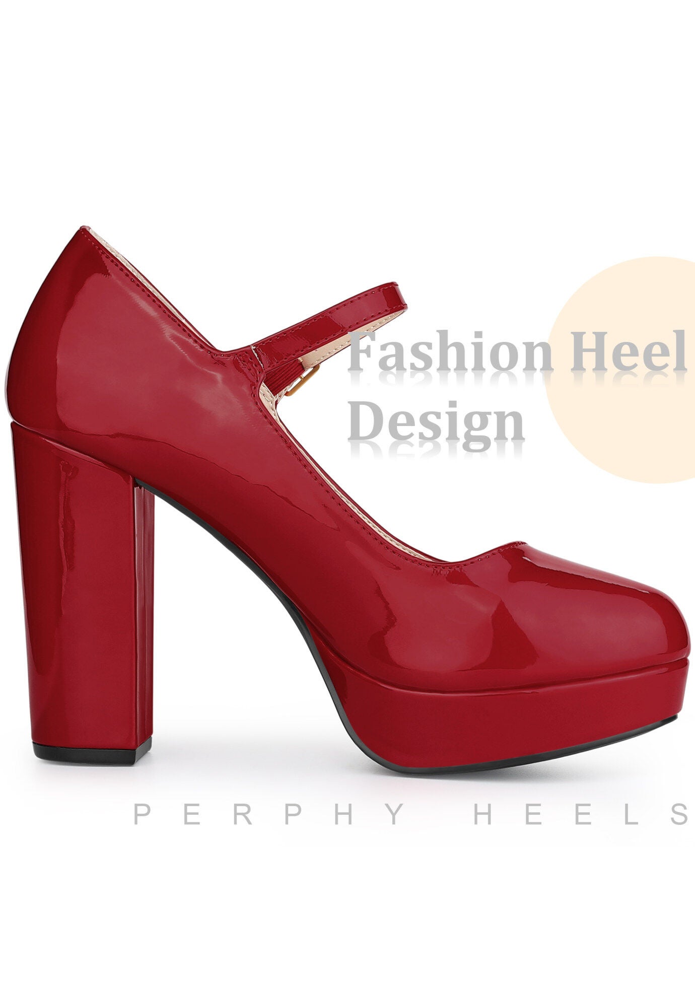 Platform Mary Janes Shoes Chunky High Heels, Red / Red, alternate image number 1