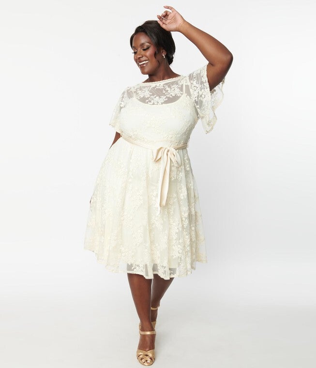 Unique Vintage Ivory Floral Lace Bridal Swing Dress, White / Ivory, alternate image number null