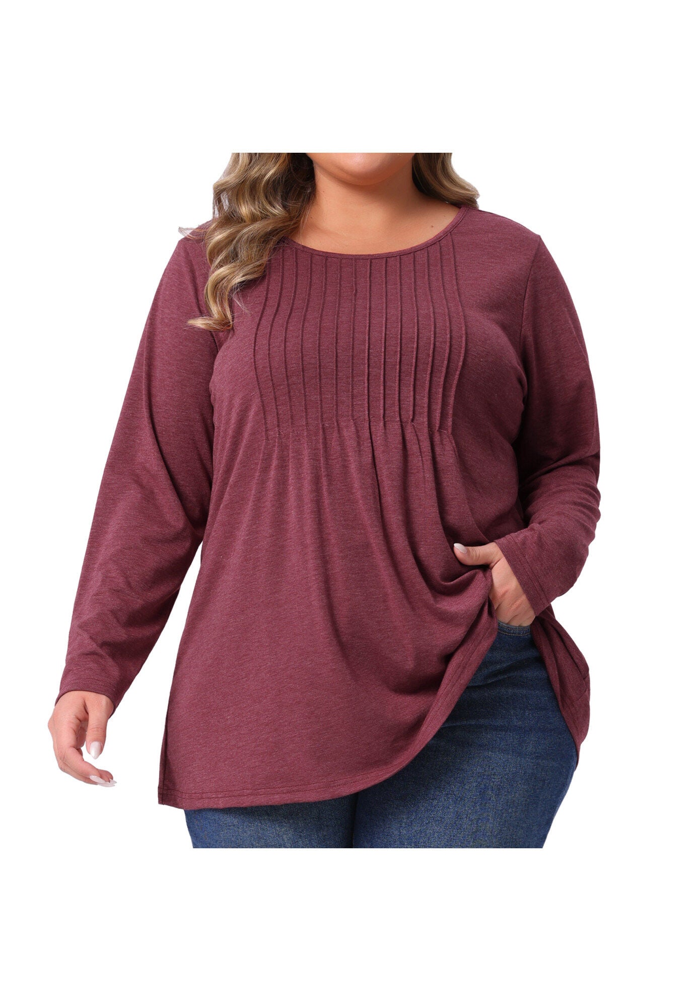 Pleated Blouses Crew Neck Casual T Shirt Tunic, Burgundy / Burgundy, alternate image number 2