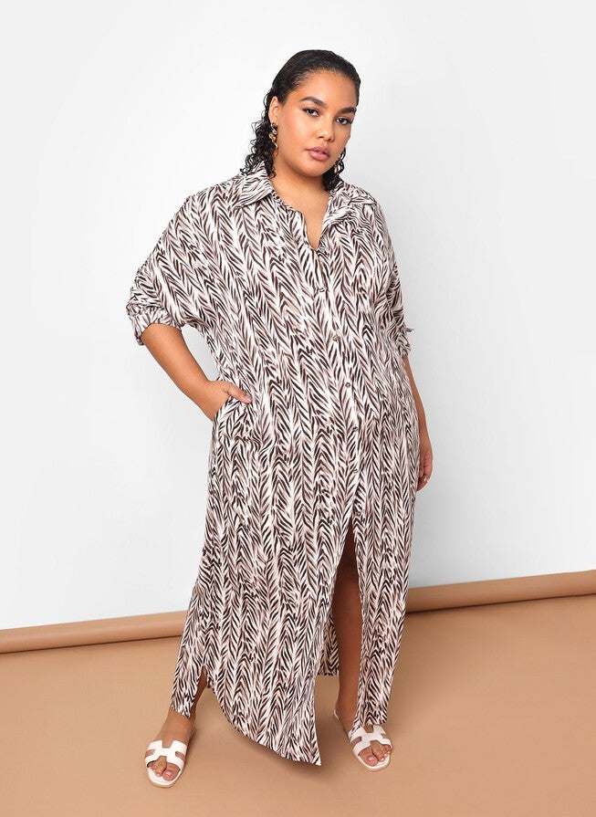 ISHA BAMBOO PRINT BUTTON FRONT MAXI COLLARED DRESS, White / White, hi-res image number null