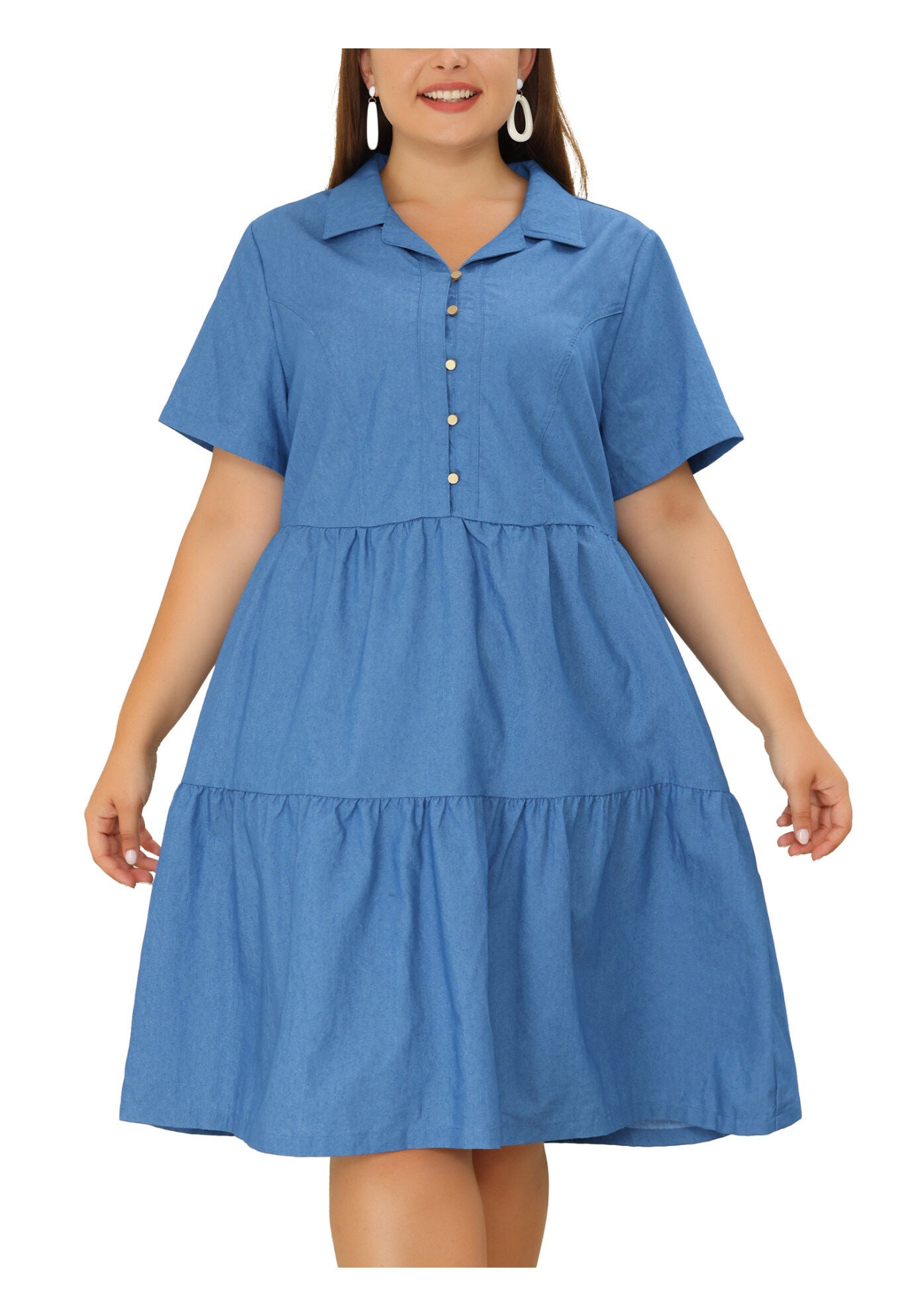 Short Sleeve Button Down Flowy Tiered Shirt Chambray Dress, Denim Blue / Chambray Denim Medium, alternate image number 1