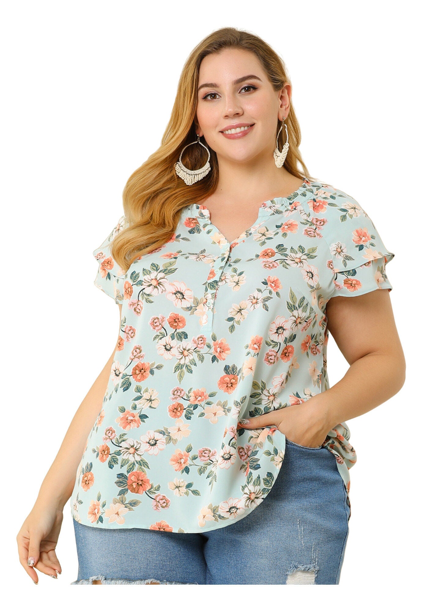Floral Ruffle Trim V Neck Layered Sleeve Blouse, Light Blue / Light Blue, alternate image number 3