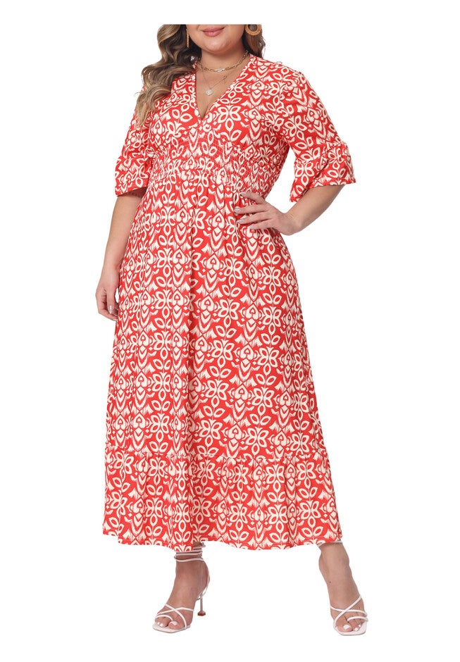 Bell Sleeve Ruffled Hem V Neck Short Sleeve Boho A Line Long Dress, Red / Red, alternate image number null