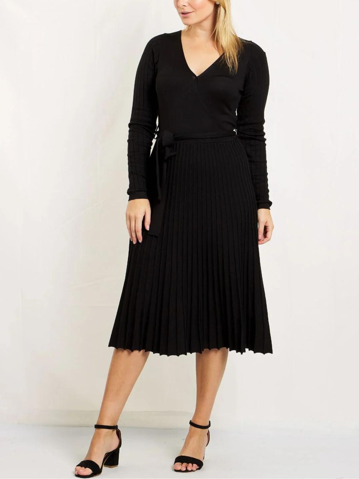 Adelina Dress Knit Pleated Skirt Crossover Top, Black / Black, hi-res image number 0