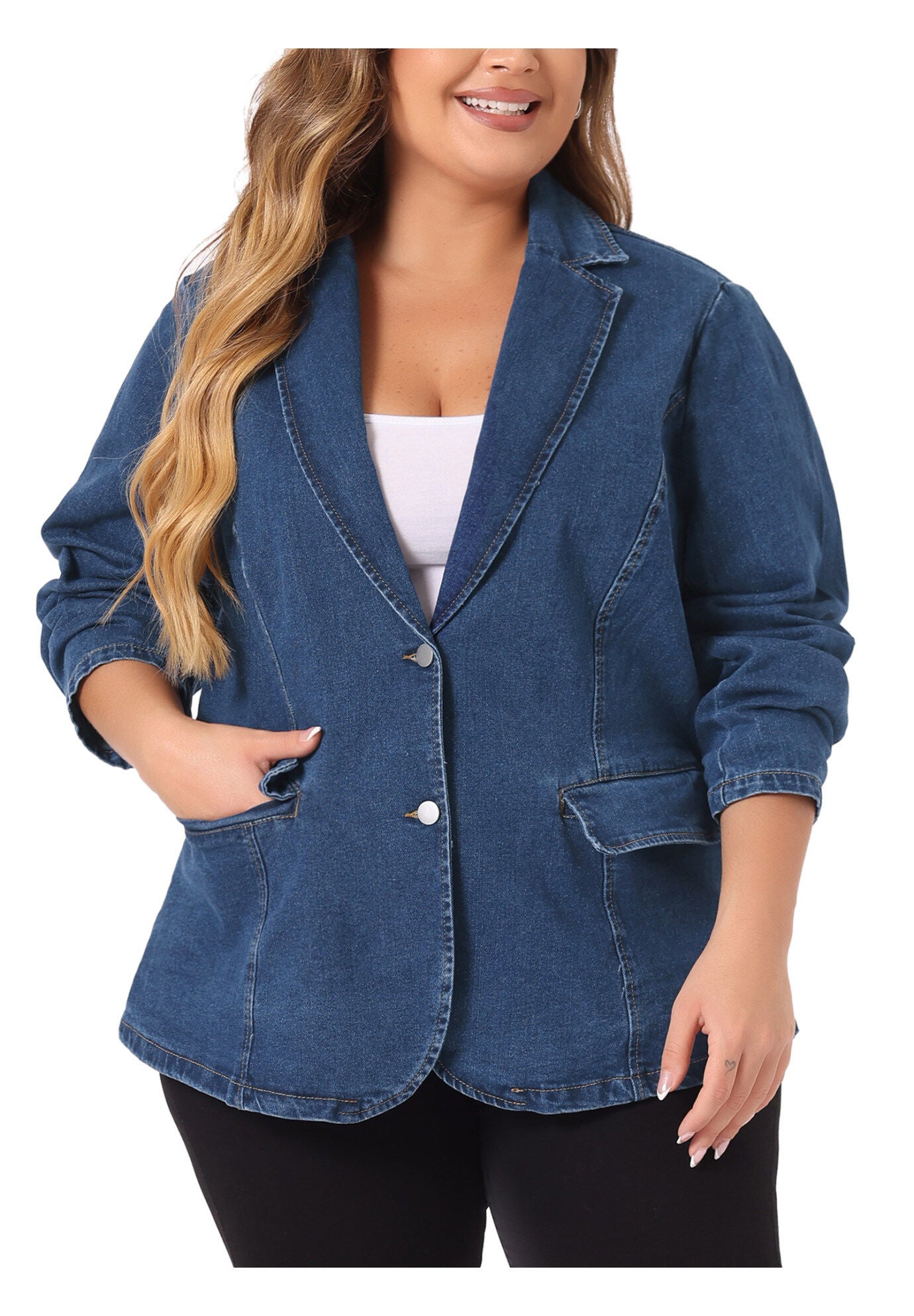 ELEGANT JEAN LAPEL BLAZER DENIM JACKET, Denim Blue / Chambray Denim Medium, alternate image number 2