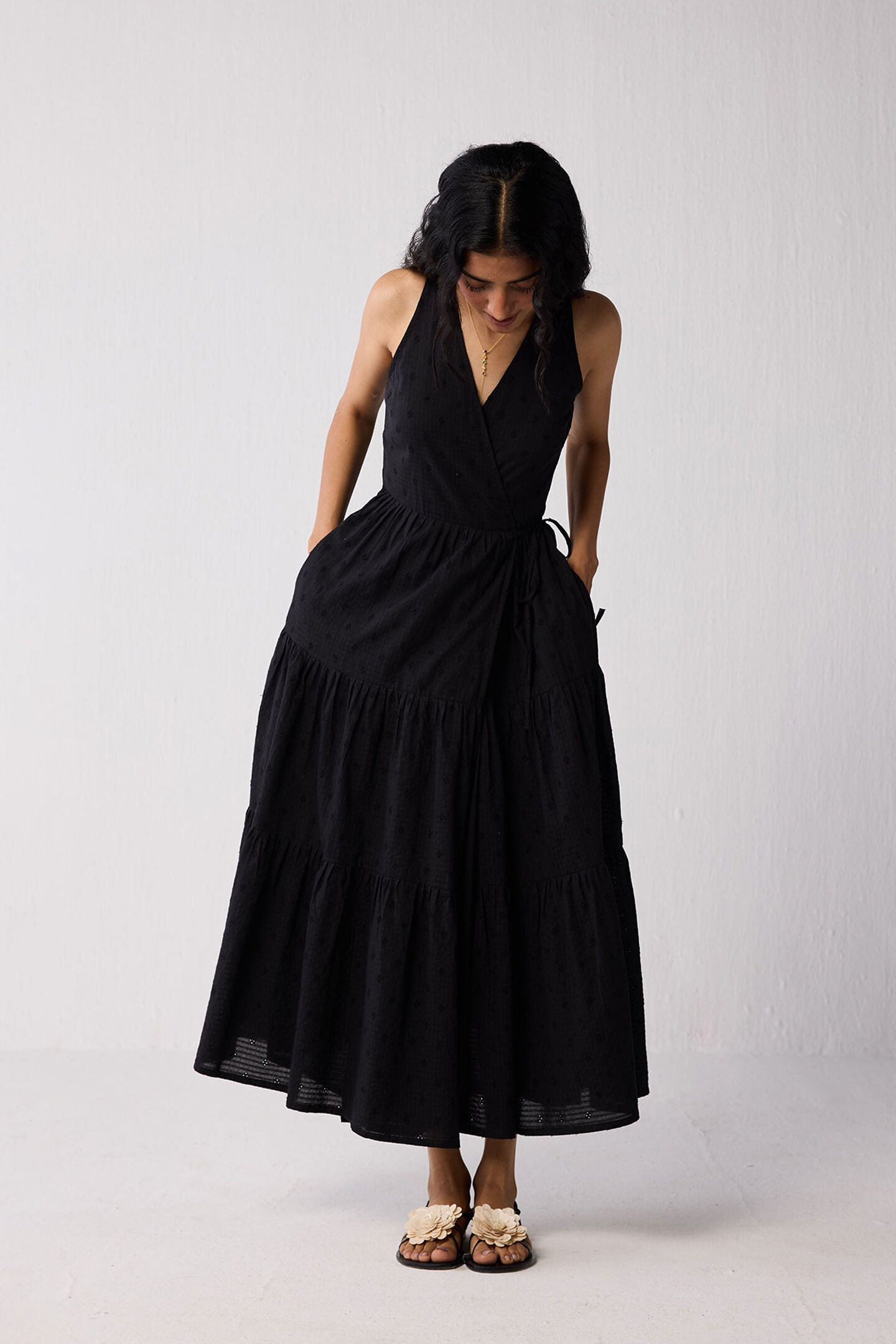 Sleeveless Embroidered Wrap Dress with Tiers in Black, Black / Black, alternate image number 3