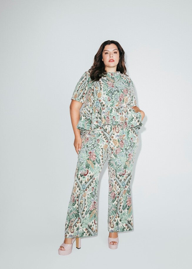 Jacquard Floral Ruffle Top, Multi Colour / Sage Green, hi-res image number null