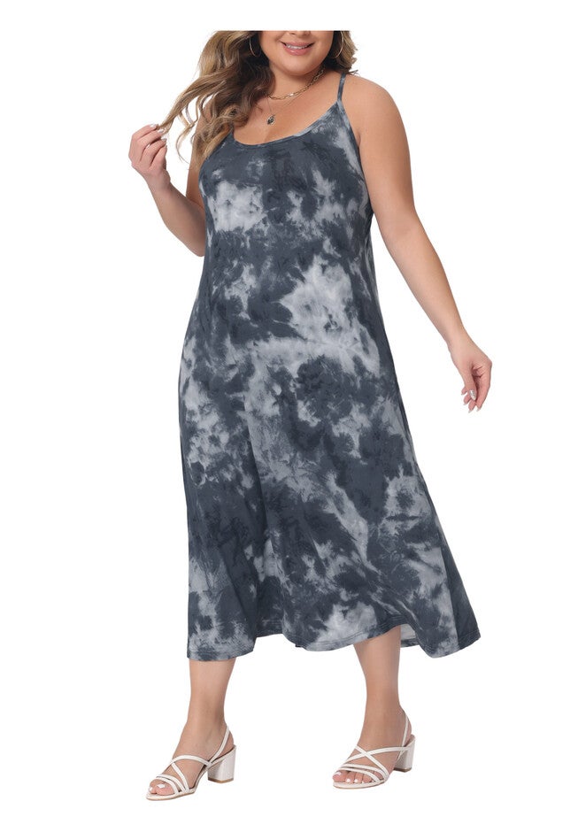 Round Neck Tie Dye Spaghetti Strap Cami Midi Dress, Grey / Charcoal Grey, alternate image number null
