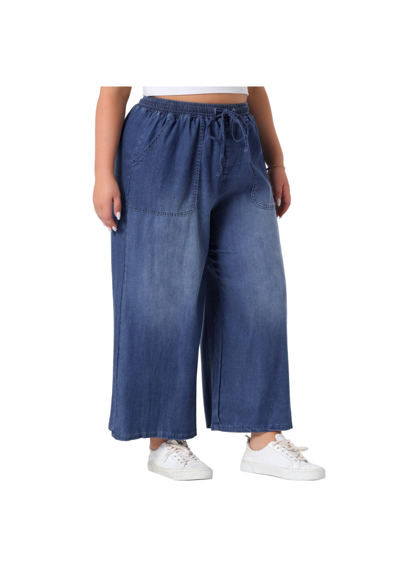 Drawstring Waist Wide Leg Chambray Palazzo Pants, Blue / Navy, alternate image number 1